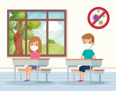 Cute Students Wearing Face Masks in Classroom Illustration – Free Download