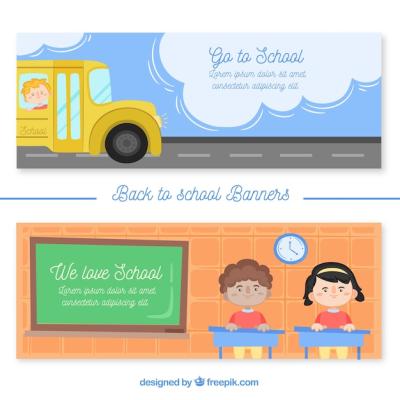 Banners Back to School Featuring Buses and Children in Class – Free Download