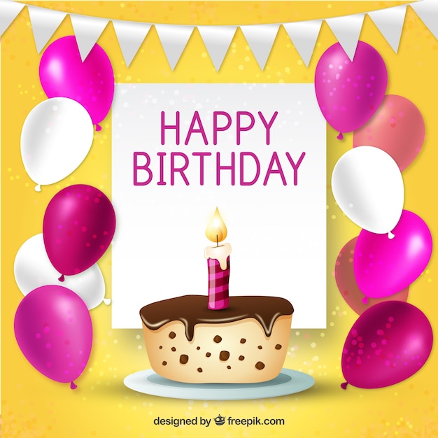 Cute Birthday Background Featuring a Cake and Balloons – Free Download