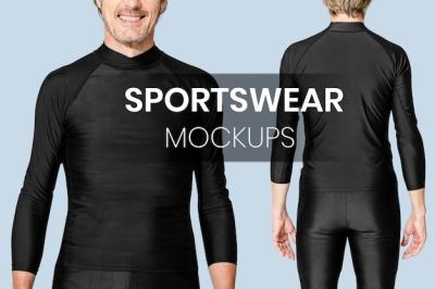 Men’s Sportswear Mockup PSD: Rash Guard and Swim Shorts Summer Apparel Ad – Free Download