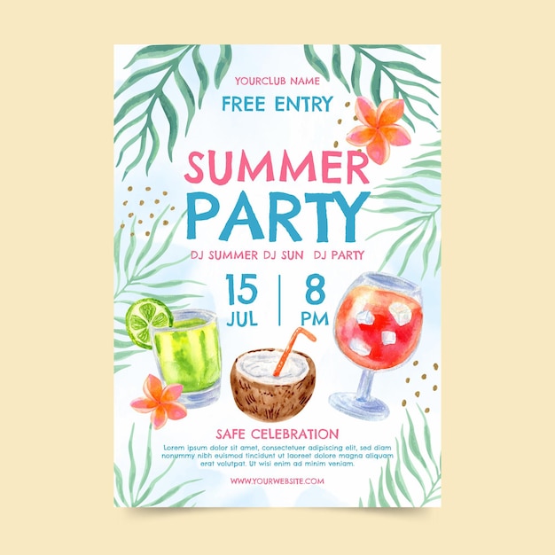 Hand Painted Watercolor Summer Party Vertical Poster Template – Free Download