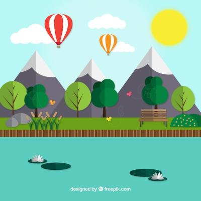 Flat Design Landscape with Mountains – Free Download