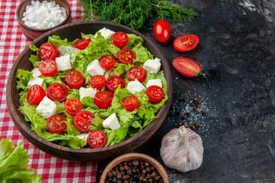 Vegetable Salad with Sliced Cheese and Tomatoes on Dark Background – Free Download