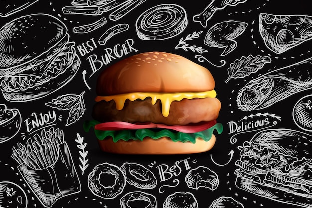 Realistic Delicious Burger on Chalkboard Background – Free Download