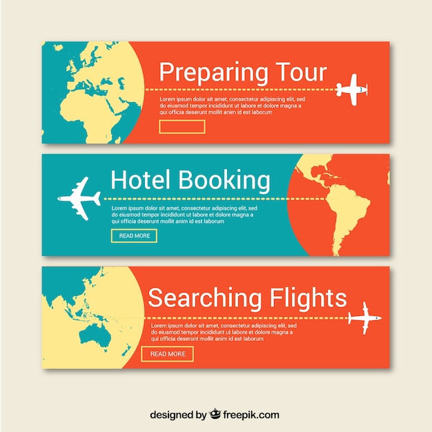 Three Travel Banners Featuring a World Map – Free Download