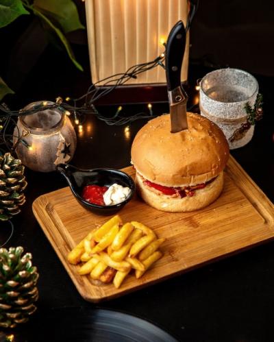 Meat Burger Served with French Fries and Sauces – Free Download