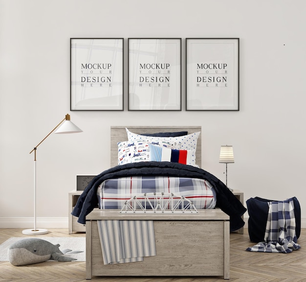 Modern Kids Bedroom with Poster Framed Mockup – Free Stock Photo for Download