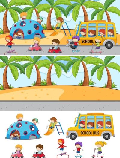 Horizontal Scenes Background Featuring Doodle Kids Cartoon Characters – Free Download