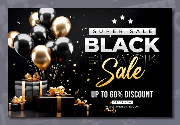 Black Friday Sale Banner Template Featuring 3D Gifts and Balloons – Free to Download