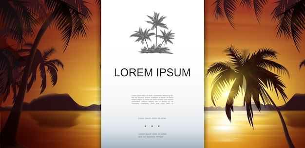 Tropical Nature Landscape Vector Template with Palm Trees Silhouettes and Sunset Background – Free Download