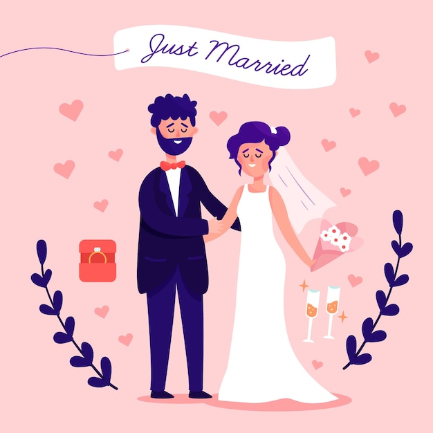 Just Married Couple in Flat Design – Free Download