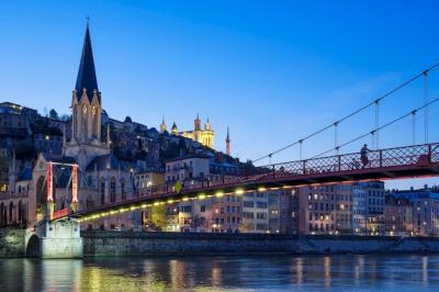 Beautiful Night View of Lyon’s Church and Saone River – Free Download