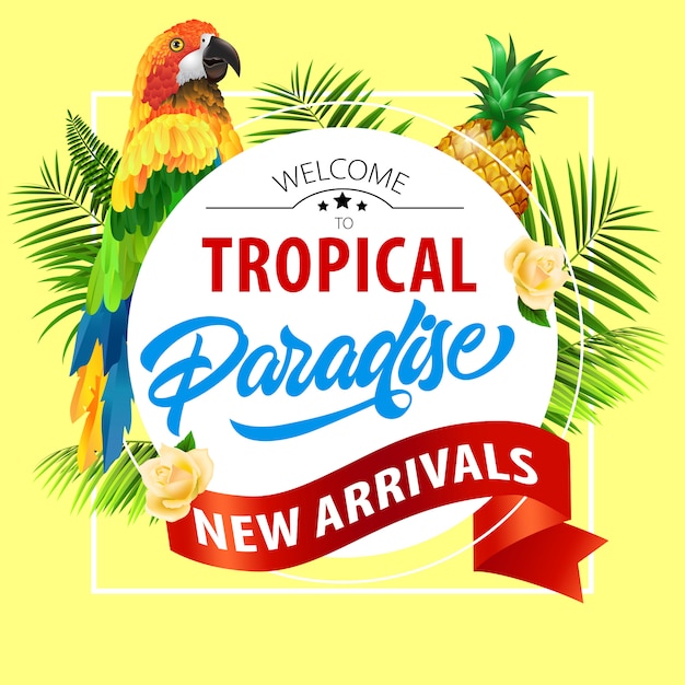 Tropical Paradise Vector Template Featuring New Arrival Lettering and Parrot – Free to Download