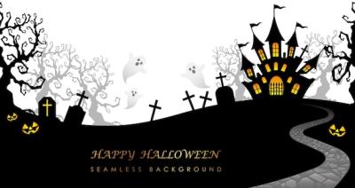 Seamless Halloween Background Illustration Featuring Haunted Mansion and Cemetery – Free Download