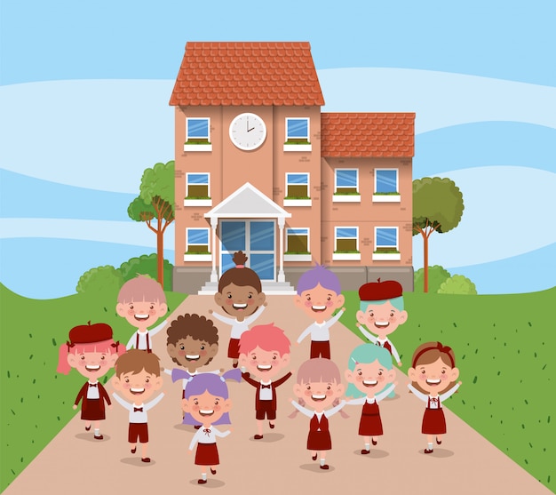 School Building with Interracial Kids in Road Scene – Free Download