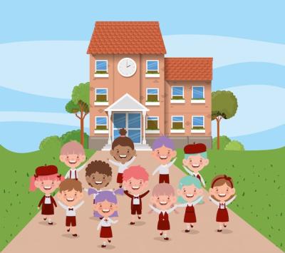 School Building with Interracial Kids in Road Scene – Free Download