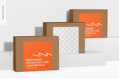 Mockup of a Rectangular Delivery Box with Label Set – Free Download