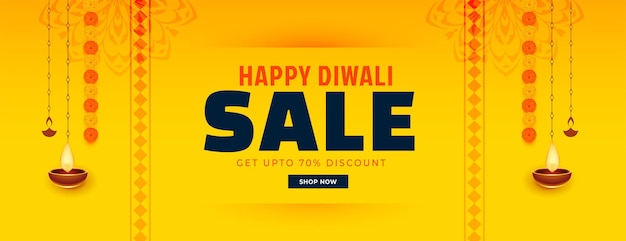 Happy Diwali Yellow Sale Banner Featuring Flower and Diya – Free Download