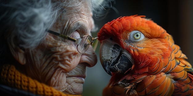 An Elderly Woman Observing a Vibrant Orange Parrot – Free Stock Photo Download