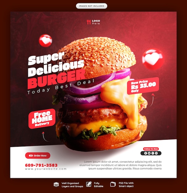 Delicious Burger and Food Menu Social Media Banner Template – Free Download