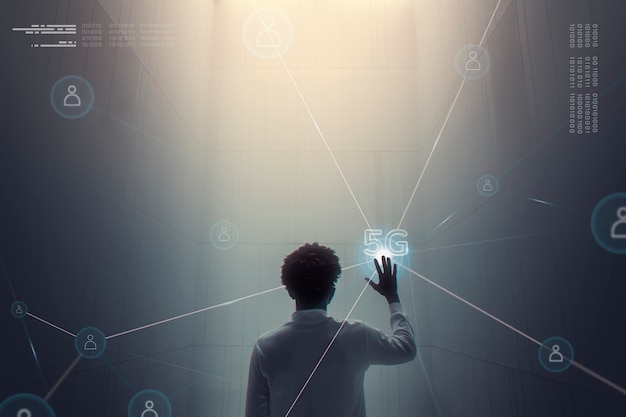 Futuristic 5G Connection Technology Background with Man Using Virtual Screen – Free Stock Photo