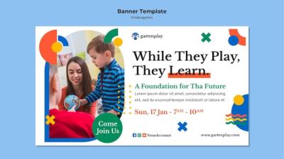 Horizontal Banner Template for Kindergarten with Children – Free Download