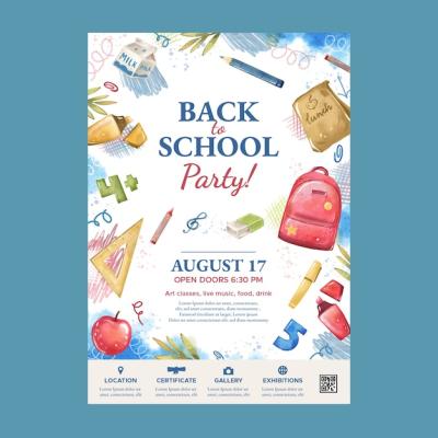 Watercolor Back to School Party Poster Template – Free Download