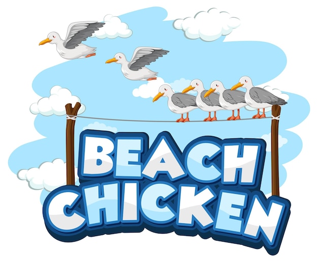 Cartoon Seagull Bird Character with Beach Chicken Font Banner – Free Download