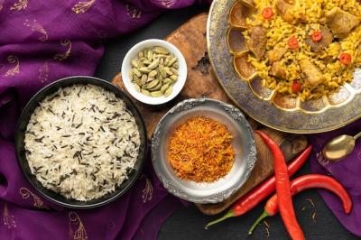 Top View Indian Sari and Food – Free Download