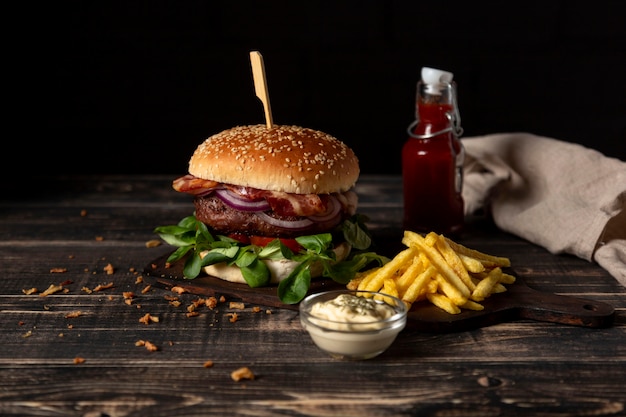 High Angle View of Burger with Fries and Sauces – Free Download