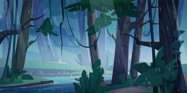 Vector Cartoon Illustration of Rain in a Night Jungle Forest: River, Old Trees, and Green Foliage – Free Download