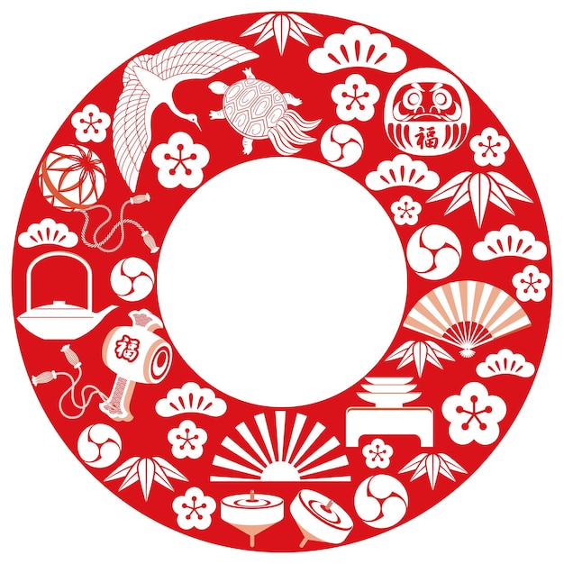 Japanese Lucky Charms Vector Round Frame for New Year Celebrations – Free Download