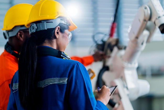 Male and Female Technicians Collaborating on Robot Arm System Maintenance in Heavy Industry – Free Stock Photo for Download