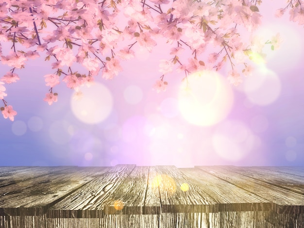 Old Wooden Table with Cherry Blossom Background – Free Download