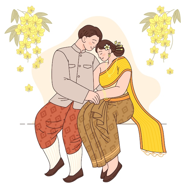 Hand Drawn Asian Couple Illustration – Free Download