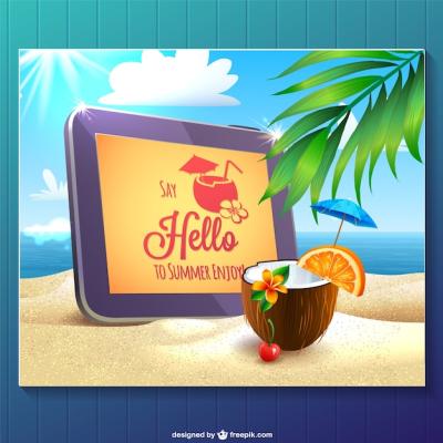 Summer Card Featuring a Tablet and Coconut on the Beach – Free Download