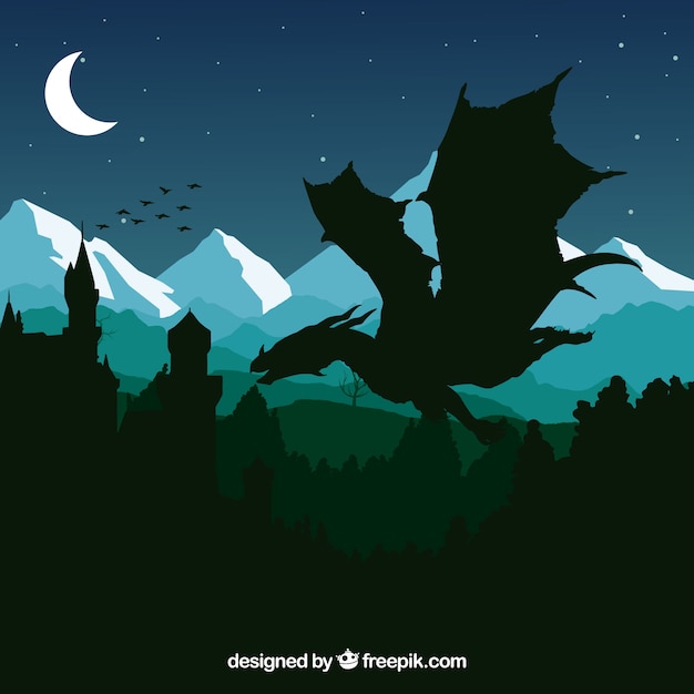 Silhouette of Castle and Flying Dragon – Free Download