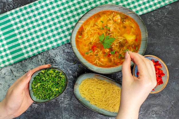 Tasty Vermicelli Soup with Greens on a Light-Grey Table – Free Download