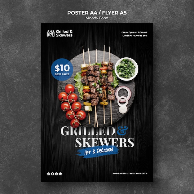 Grilled Skewers with Veggies Restaurant Poster Template – Free Download