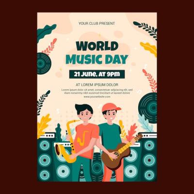 Flat Vertical Poster Template for World Music Day Celebration – Free Download