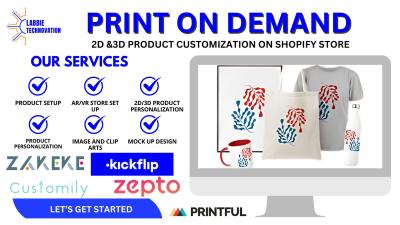 I will do shopify zakeke, teeinblue, customily, kickflip, 2d, 3d product customization