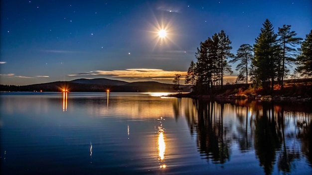 Moonlit Lake with Silhouetted Trees Reflecting in Calm Water – Free Download