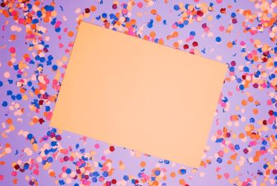 Blank Paper Over Colorful Confetti Against Purple Backdrop – Free Stock Photo, Download for Free