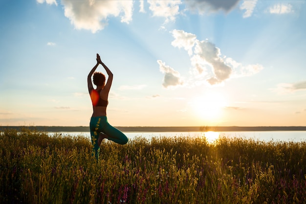 Sportive Girl Practicing Yoga in Field at Sunrise – Free Stock Photo for Download