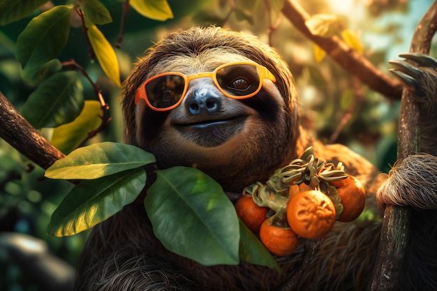 A Cheerful Sloth in a Flowery Summer Dress Enjoying a Mango – Free Stock Photo for Download