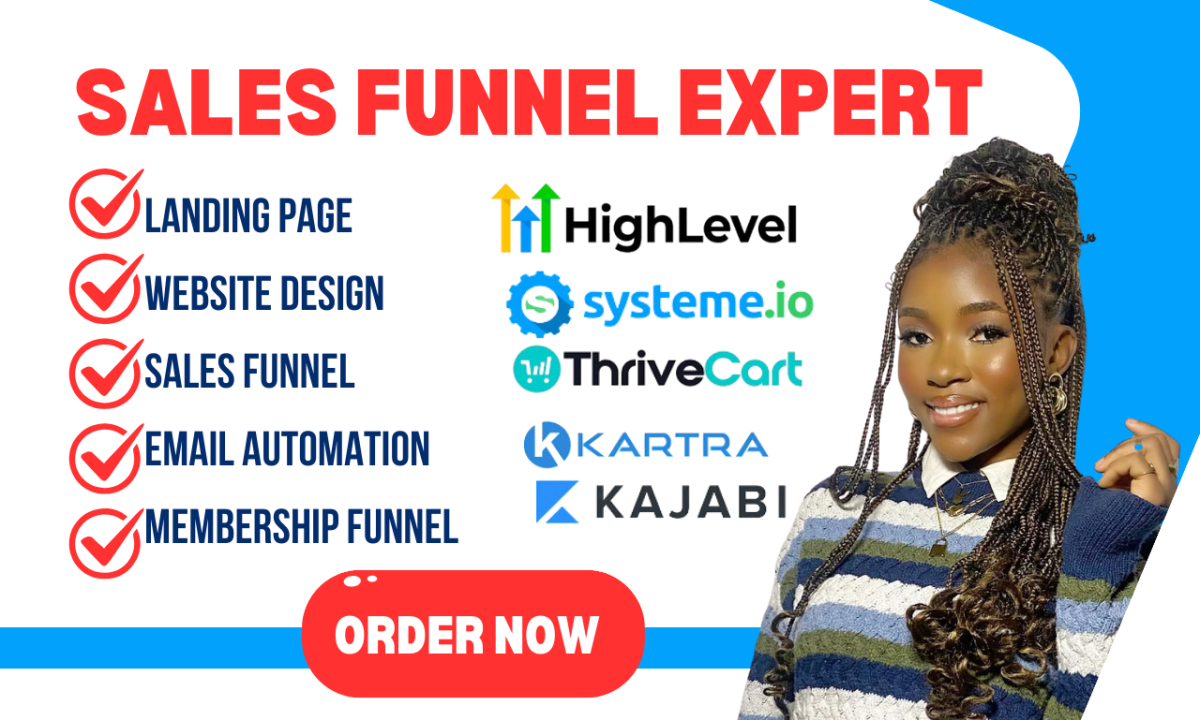 I will design professional gohighlevel, thrivecart, systeme, kartra kajabi sales funnel