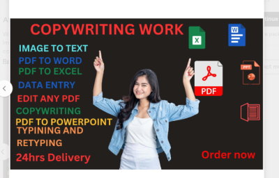 I will do data entry, pdf to word , pdf to excel, file conversion and typing