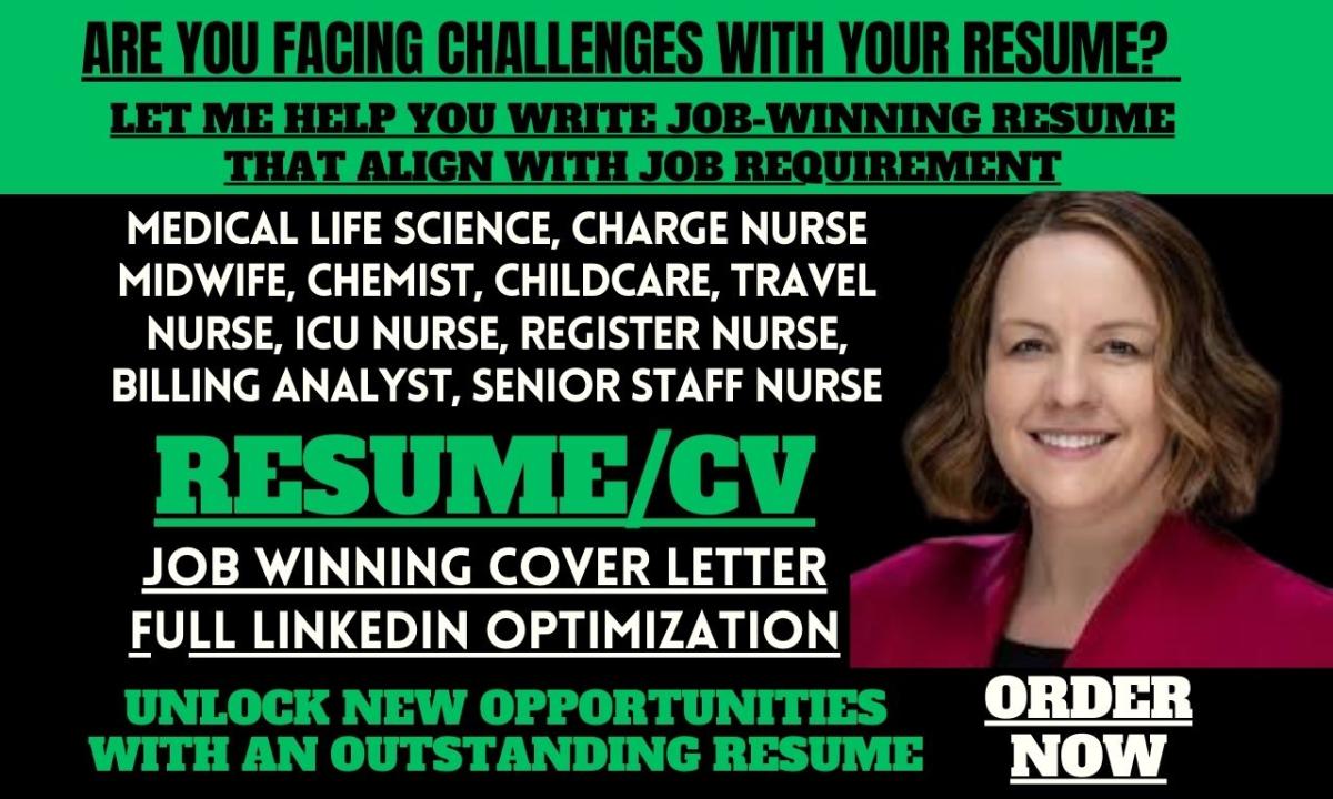 I will write resume for medical assistant, chemist, nursing, phlebotomist, surgeon, rn