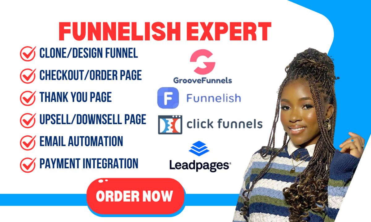 I will build groovefunnel, funnelish, clickfunnel, leadpages sales funnel