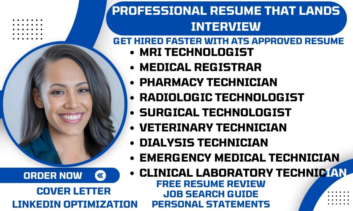 I will write clinical laboratory technician, emt, pharmacy technician healthcare resume